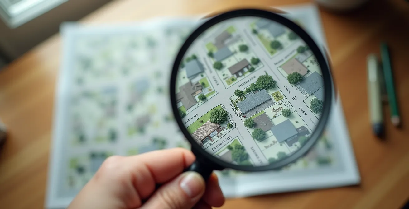 Main examinant une carte de quartier résidentiel avec loupe
