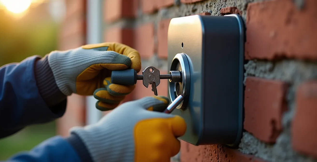 Mains installant une boîte à clés étanche sur un mur extérieur