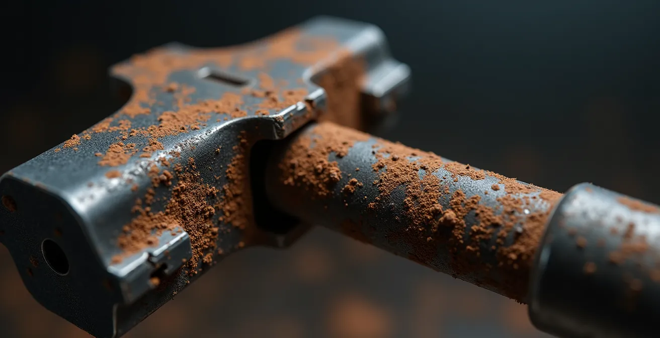 Gros plan sur un mécanisme de serrure corrodé par l'humidité