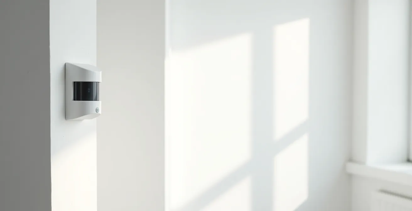 Détecteur d'alarme moderne installé dans un coin de pièce lumineuse